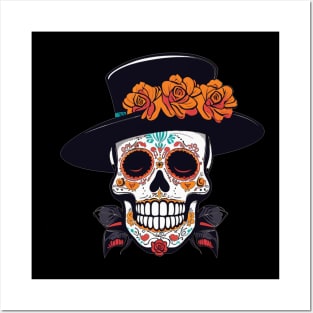 Day of the dead sugar skull in top hat Halloween design Posters and Art